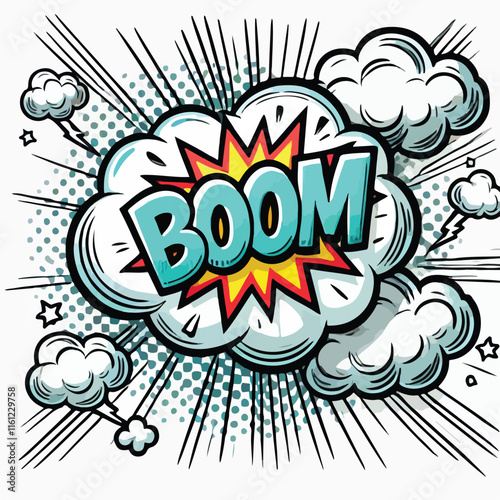 Cartoon comic sign burst cloud. Speech bubble, boom sign expression and   on a white background