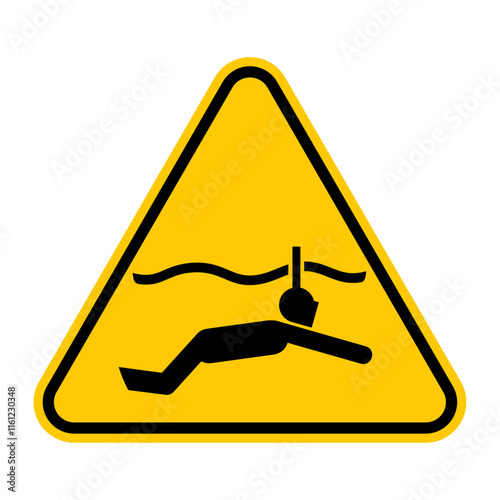 Snorkeling area warning sign. Vector illustration of yellow triangle sign with snorkeling man icon inside. Diving zone symbol.