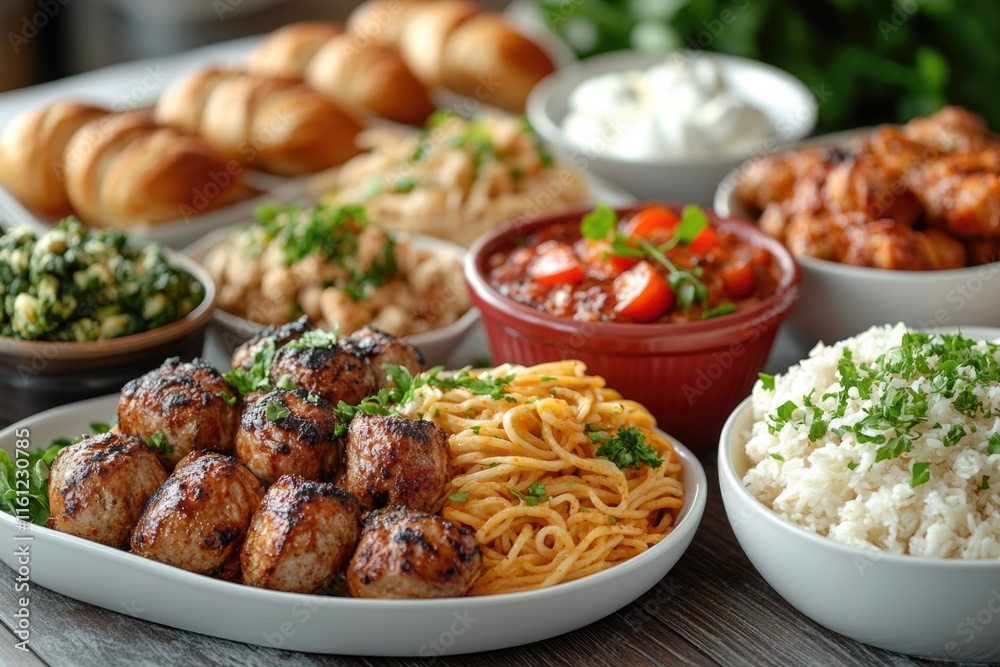 A table filled with various dishes and bowls of rice, perfect for depicting a meal or feast A table filled with various dishes and bowls of rice, perfect for depicting a meal or feast