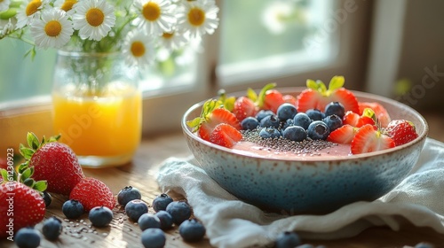 Vibrant berry smoothie bowl with fresh flowers and juice by sunlit window