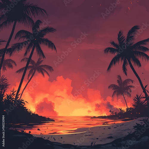 Tropical Beach Sunset Silhouette Palmscape