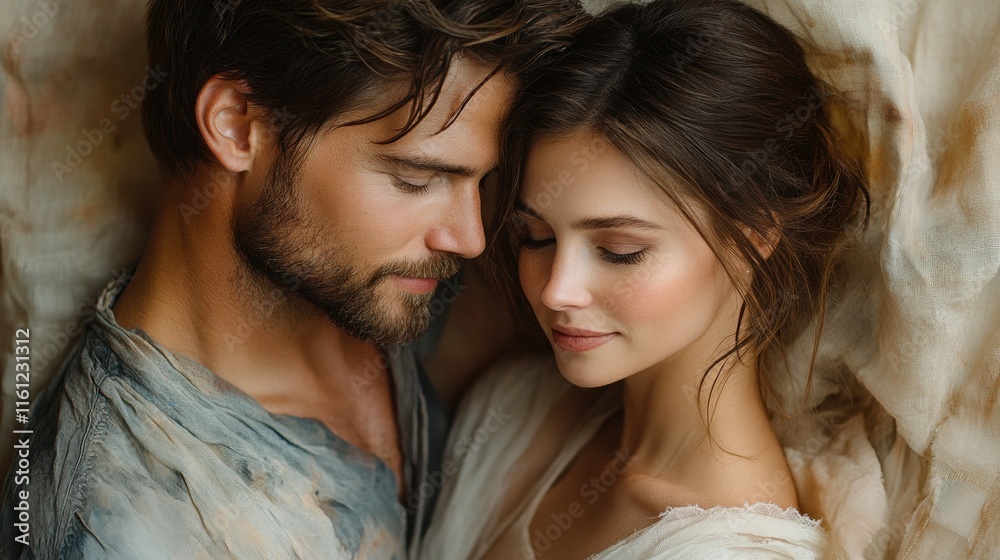 Romantic embrace of a young couple surrounded by soft fabrics Romantic embrace of a young couple surrounded by soft fabrics