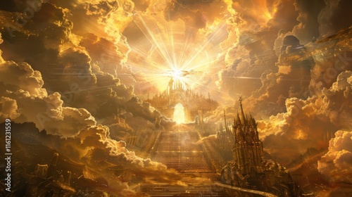 A majestic golden gate stands tall amidst fluffy white clouds, representing the ethereal doors to heaven and the promise of afterlife.