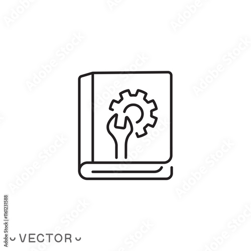 user manual icon, instruction book, project technical document, thin line symbol isolated on white background, editable stroke eps 10 vector illustration