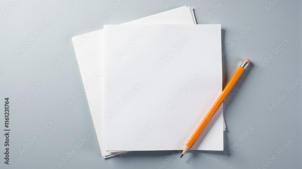 Minimalist workspace with blank sheets of paper and a pencil on a sleek gray surface, ideal for creativity and planning Minimalist workspace with blank sheets of paper and a pencil on a sleek gray surface, ideal for creativity and planning