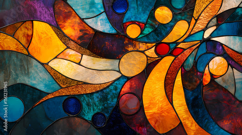 Handcrafted stained glass peacock artwork in vibrant art nouveau style. concept stained glass artwork, peacock design, art nouveau style, handcrafted, vibrant colors. Suncatcher. Illustration