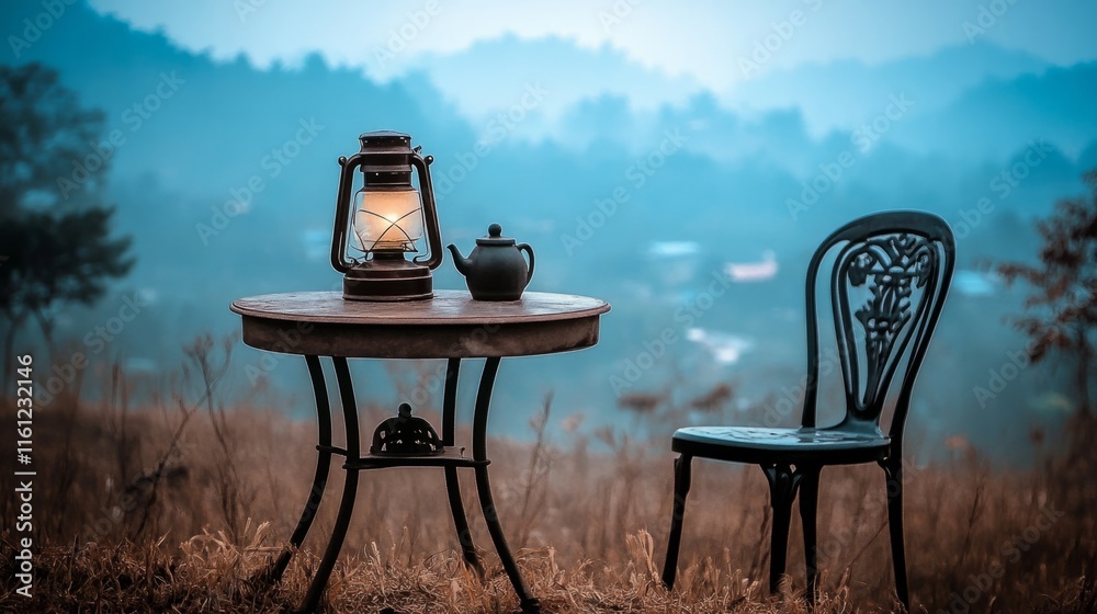 Fototapeta premium A table with a lantern and a tea kettle on it and a black chair next to it. The scene is set in a grassy field with mountains in the background. The table and chair are set up for a camping tri