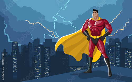 Superhero standing tall atop a building on cityscape, surrounded by dramatic storm clouds and striking lightning. Perfect for themes of strength, courage, and resilience