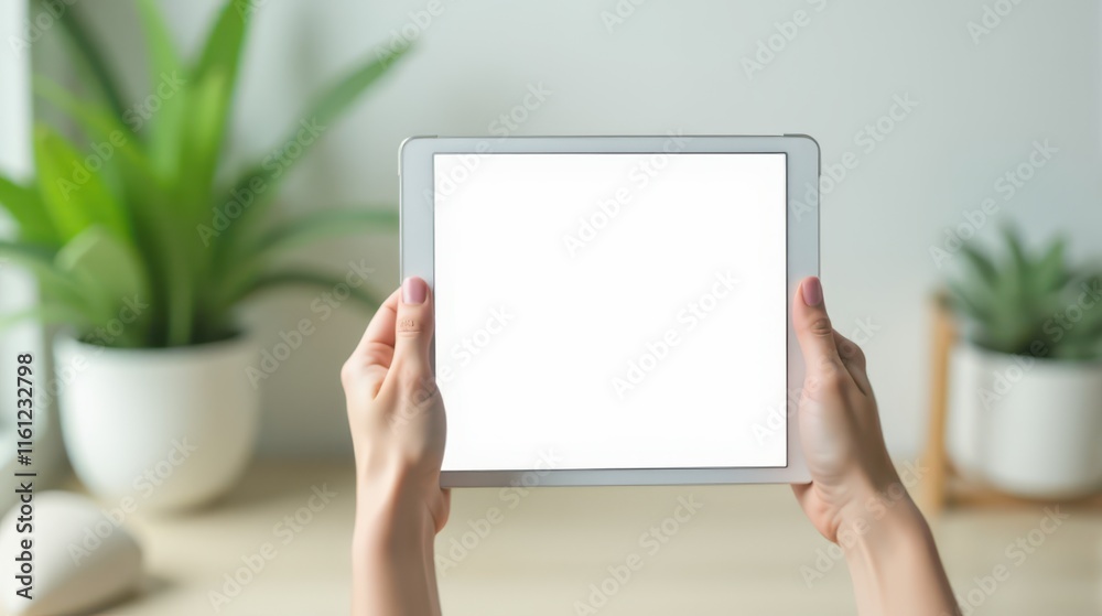 A person holds a digital tablet with a blank screen, positioned near a potted plant, suggesting creativity and workspace inspiration A person holds a digital tablet with a blank screen, positioned near a potted plant, suggesting creativity and workspace inspiration