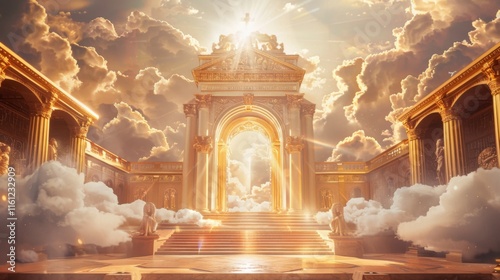 A majestic golden gate stands tall amidst fluffy white clouds, representing the ethereal doors to heaven and the promise of afterlife.