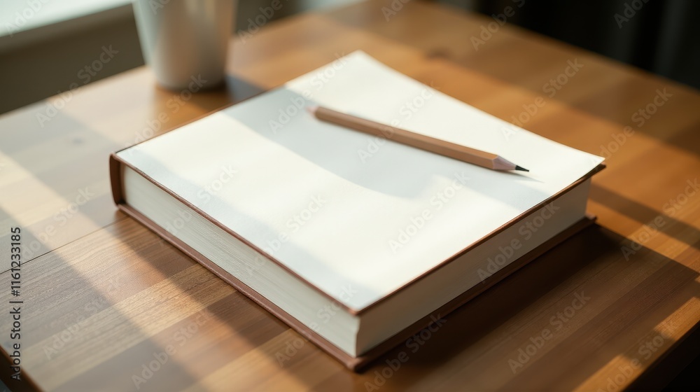 Fototapeta premium A close-up of a blank notebook with a yellow pencil on a wooden desk, bathed in warm sunlight