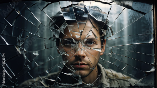 The reflection of a man's face in a shattered mirror