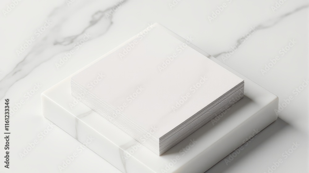 Obraz premium Elegant white business card on a marble slab with green leaves, showcasing minimalistic design and sophistication