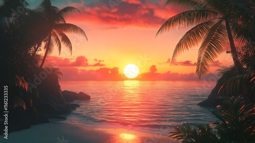 Vibrant and peaceful tropical beach at sunrise with vivid colors and tranquil ocean