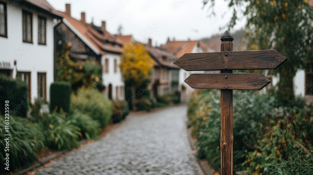 A wooden road sign in right side pointing in two directions again street, surrounded by white houses and green gardens, A wooden road sign in right side pointing in two directions again street, surrounded by white houses and green gardens,