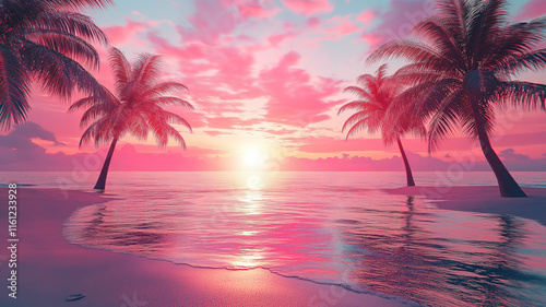 Peaceful palm beach sunset illustration capturing the essence of summer and coastal beauty