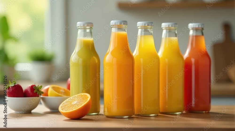 Three bottles of vibrant fruit juice sit on a wooden table, surrounded by fresh oranges, strawberries, and grapes in a sunlit kitchen