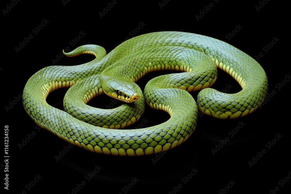 Obraz premium A close-up of a green snake curled up on a black surface