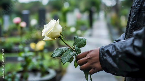 A person gently holding a single white rose at a solemn memorial site, reflecting on cherished memories and honoring lost loved ones