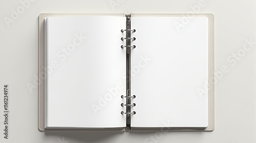 An open ring binder with blank pages on a neutral background, ideal for concepts related to organization, planning, or creative projects