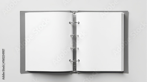 An open ring binder with blank pages on a neutral background, ideal for concepts related to organization, planning, or creative projects