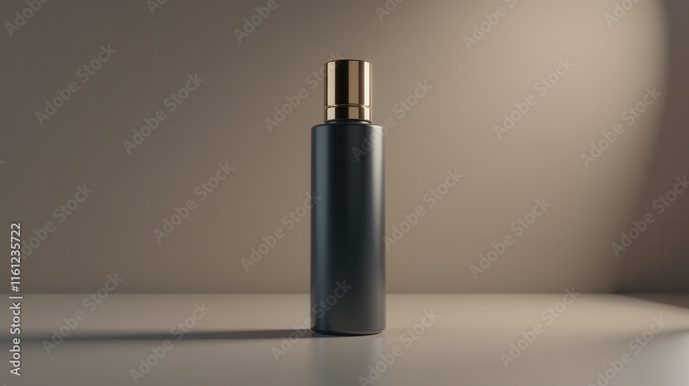 A sleek white bottle with a glossy finish and golden cap stands on a minimalistic surface against a soft grey background A sleek white bottle with a glossy finish and golden cap stands on a minimalistic surface against a soft grey background