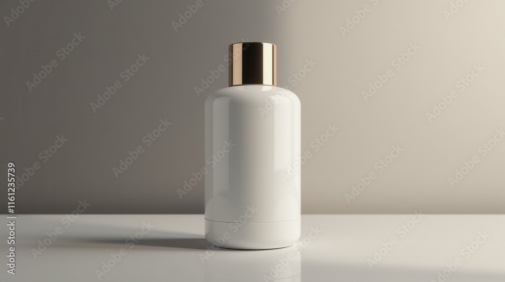 A sleek white bottle with a glossy finish and golden cap stands on a minimalistic surface against a soft grey background A sleek white bottle with a glossy finish and golden cap stands on a minimalistic surface against a soft grey background