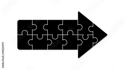A black arrow composed of interlocking puzzle pieces on a white background, symbolizing unity and direction