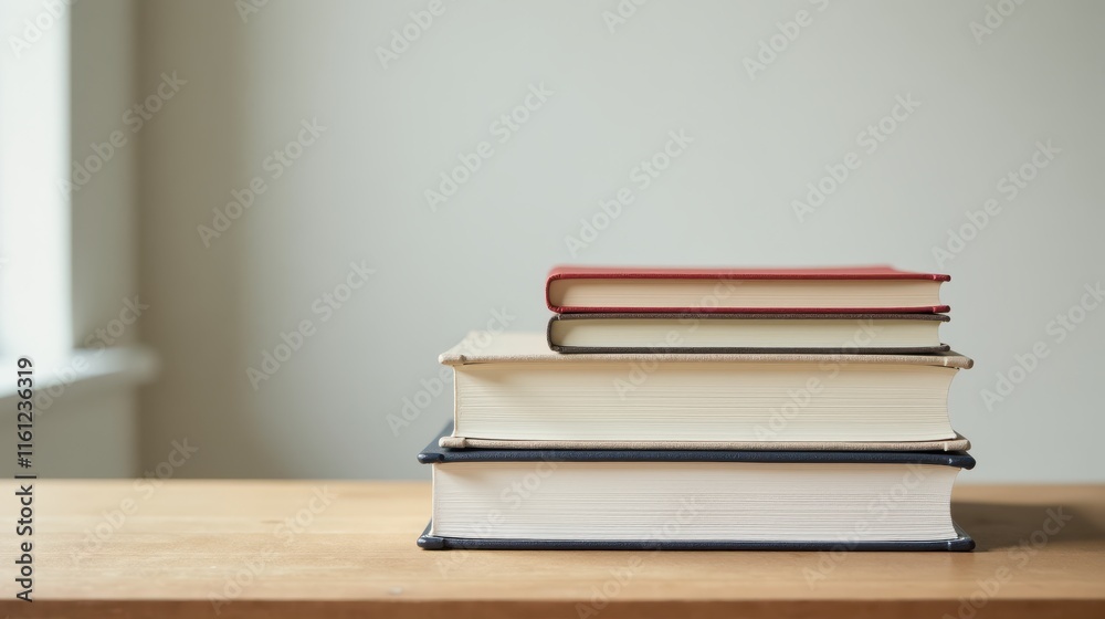 Stack of four hardcover books on a wooden table with a blurred green plant in the background, creating a calm, scholarly atmosphere Stack of four hardcover books on a wooden table with a blurred green plant in the background, creating a calm, scholarly atmosphere
