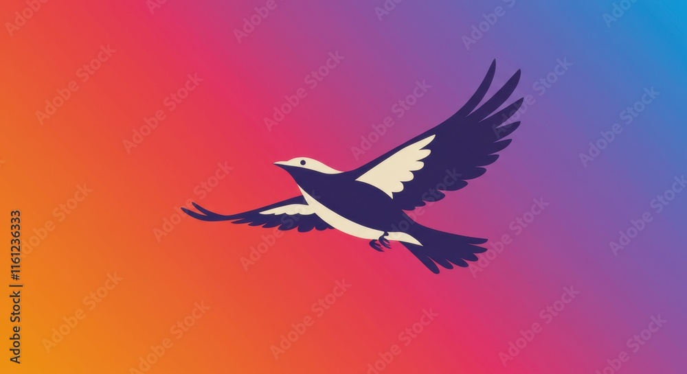 Obraz premium Soaring Bird: A symbolic bird silhouette against a gradient background of vibrant colors. The image embodies freedom, hope, and aspirations, symbolizing a journey of growth and transformation.