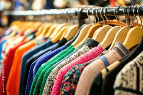 Colorful assorted sweaters on hangers in a clothing store display