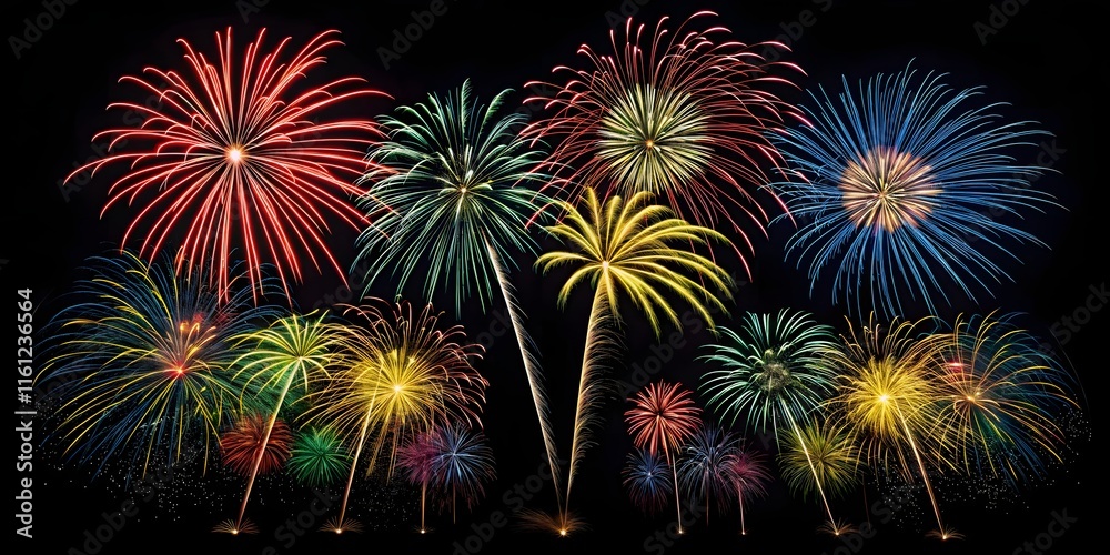 Happy New Year 2025 Silvester Eve party panorama with fireworks against a dark blue and black sky background Happy New Year 2025 Silvester Eve party panorama with fireworks against a dark blue and black sky background