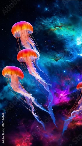 a beautiful group of jellyfish flying peacefully through the universe, milky way, peaceful, relaxing, nebula galaxy, vibrant aquatic life, marine lifeforms, water animals 