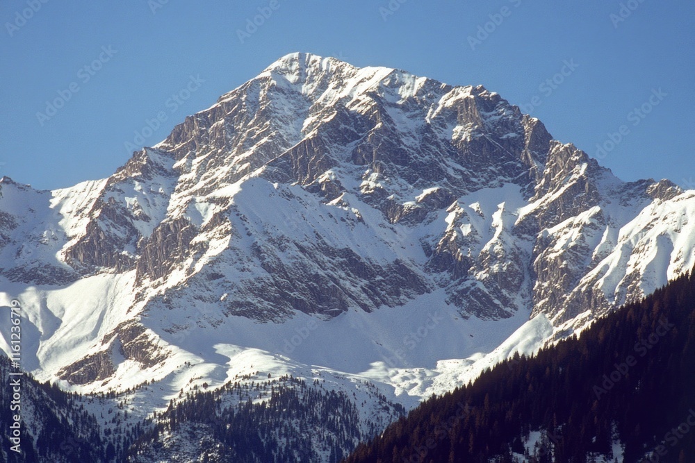 A serene landscape of a mountain covered in snow and surrounded by trees A serene landscape of a mountain covered in snow and surrounded by trees