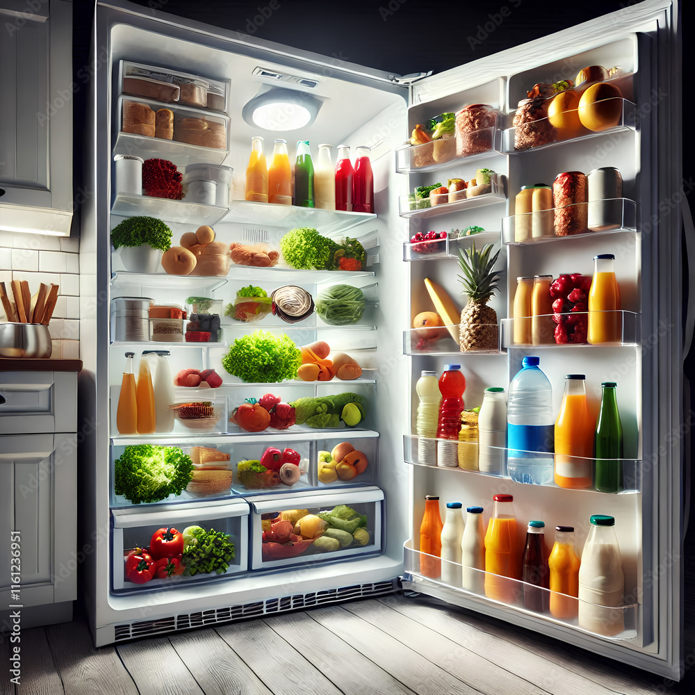 Open Refrigerator with Fresh Groceries Open Refrigerator with Fresh Groceries