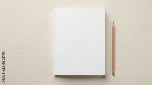 Minimalist composition with a blank white notebook and pencil on a light beige background