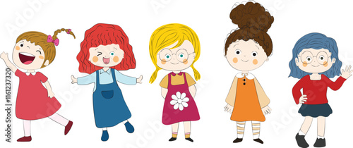 Girls icons cute kids sketch cartoon characters