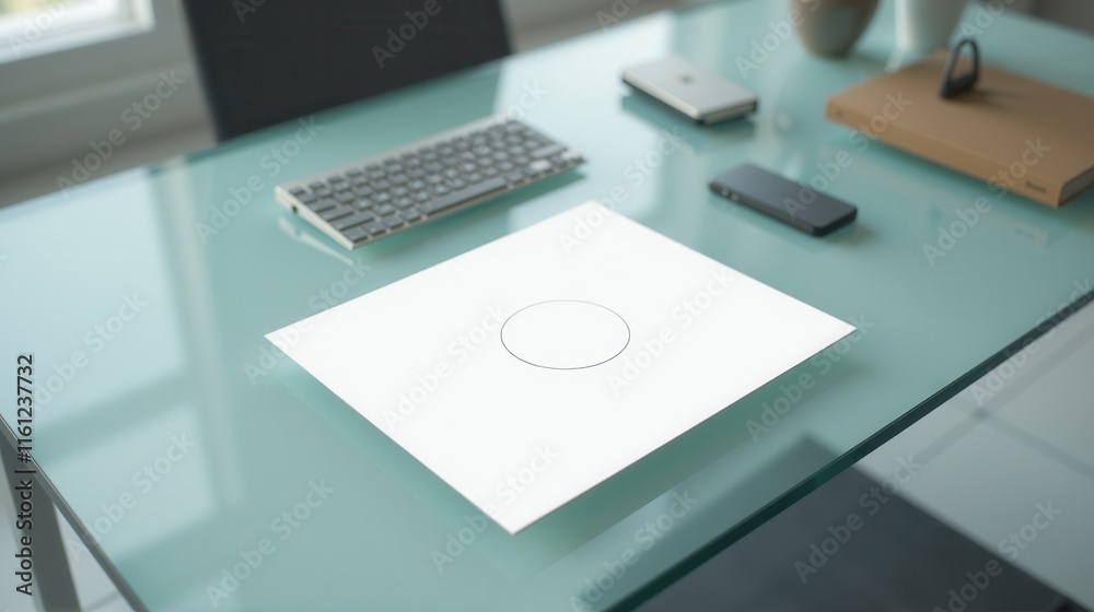 Naklejka premium A blank sheet of paper sits on a glossy desk next to eyeglasses and a potted plant, suggesting a calm and organized workspace