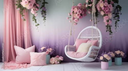 A dreamy and romantic floral-themed setup with pastel pink and lavender tones. The background features a soft gradient wall adorned with cascading flowers and greenery. On the left, a flowing pink..