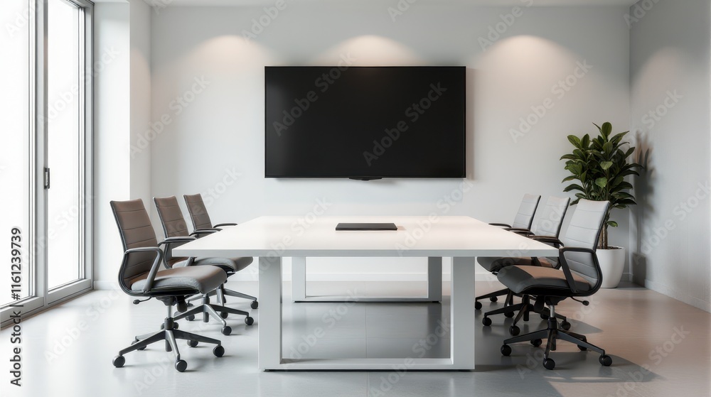 Modern conference room with large screen, bright windows, and sleek chairs around a white table in a professional office setting Modern conference room with large screen, bright windows, and sleek chairs around a white table in a professional office setting