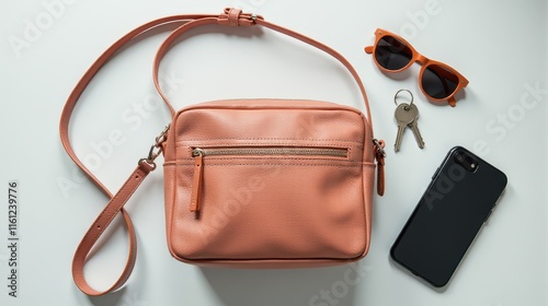 A neatly arranged flat lay featuring a pink handbag, sunglasses, smartphone, keys, and a notebook on a white surface