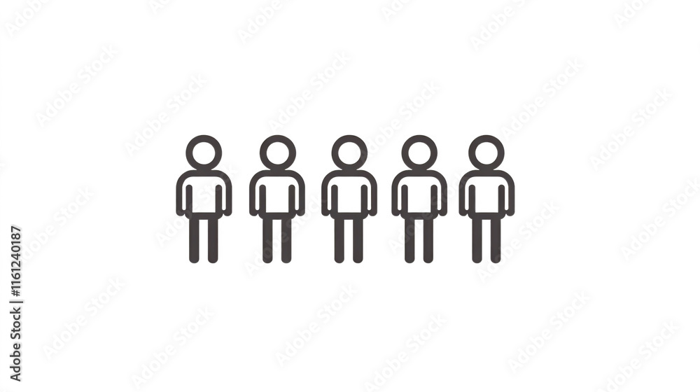 A simple icon of stick figures in black vector on a white background, representing five people standing next to each other and facing the same direction. A simple icon of stick figures in black vector on a white background, representing five people standing next to each other and facing the same direction.