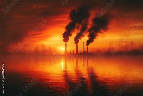 Industrial power plant emissions at sunset reflecting over calm water photo