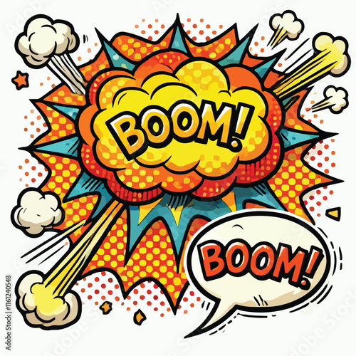 Cartoon comic sign burst cloud. Speech bubble, boom sign expression and   on a white background