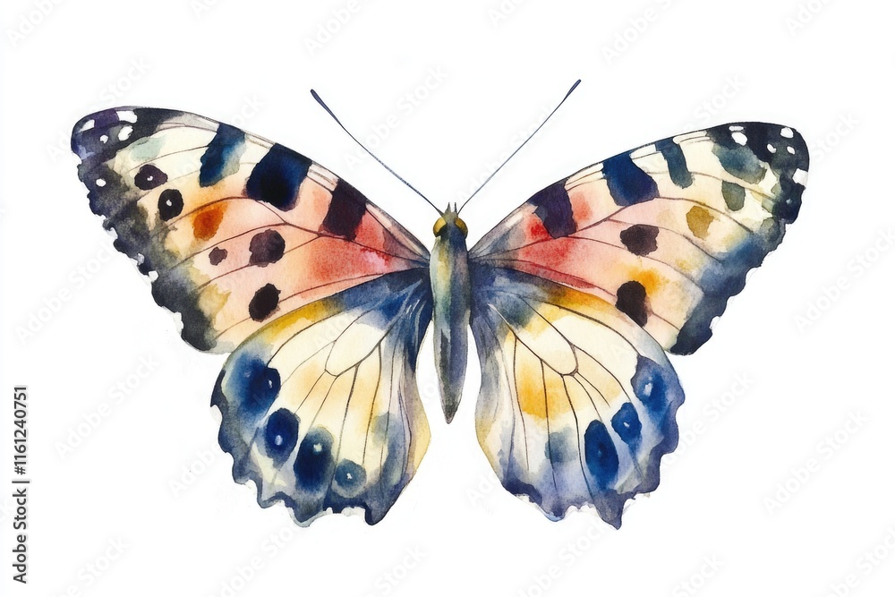 A delicate butterfly perched on a pure white background, showcasing its colorful wings A delicate butterfly perched on a pure white background, showcasing its colorful wings