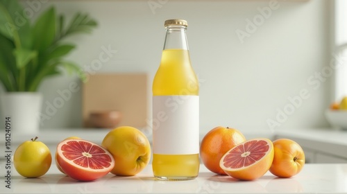 A glass bottle with a white label filled with amber liquid is surrounded by fresh fruits, including apples, oranges, lemons, and raspberries, on a bright kitchen counter