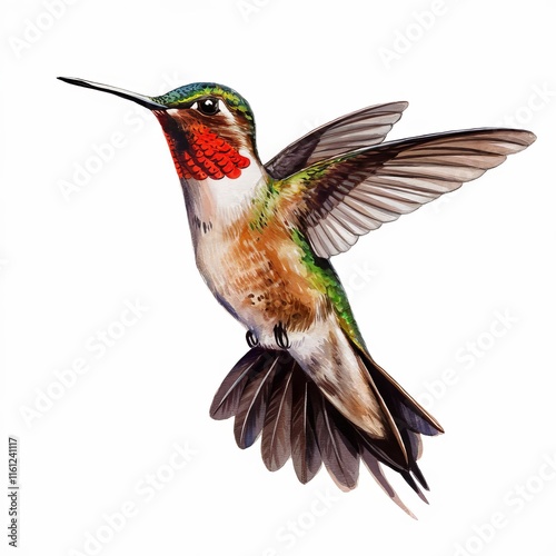 Wildlife Art: Stunning Red-Throated Hummingbird in Mid-Air on White Background ai generated photo