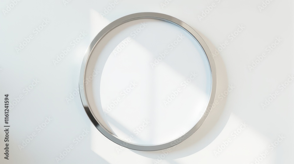 Elegant round wall mirror with a sleek metallic frame, casting shadows on a white background alongside green leaves for a minimalist and modern aesthetic Elegant round wall mirror with a sleek metallic frame, casting shadows on a white background alongside green leaves for a minimalist and modern aesthetic