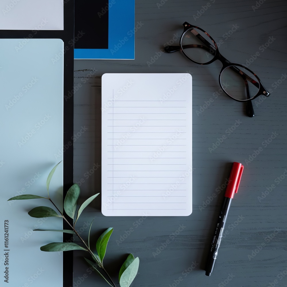 Fototapeta premium A photo of a white lined notepad placed on a dark grey wood surface. There is a pair of eyeglasses on the upper right corner of the notepad ai generated