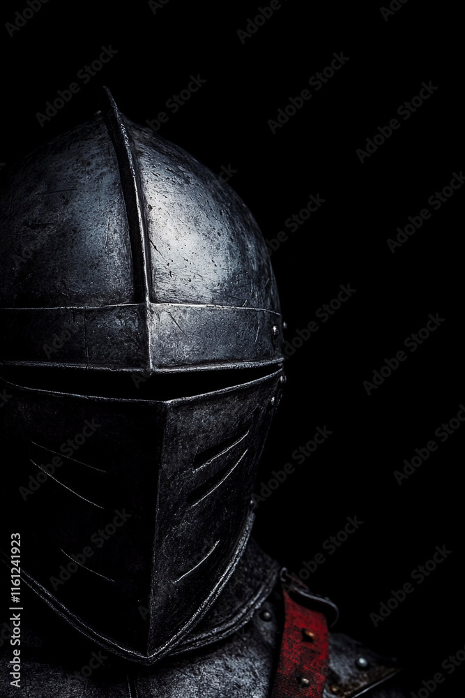 Obraz premium Historical knight in weathered armor standing against a dark backdrop with dramatic lighting effects. Generative AI